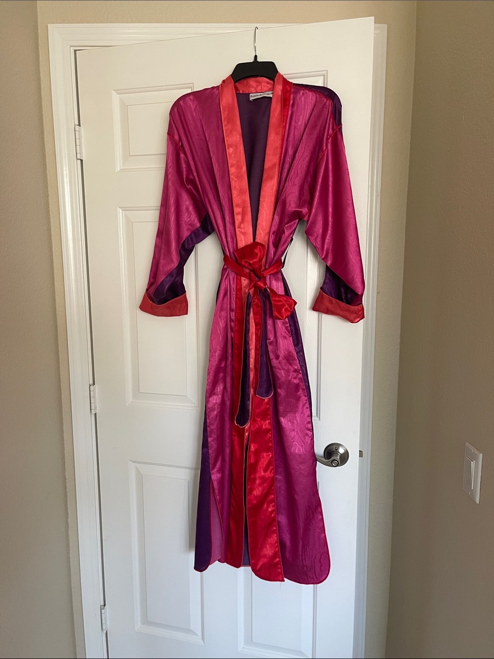 Two-Tone Fuchsia & Red Satin Long Robe with Belt